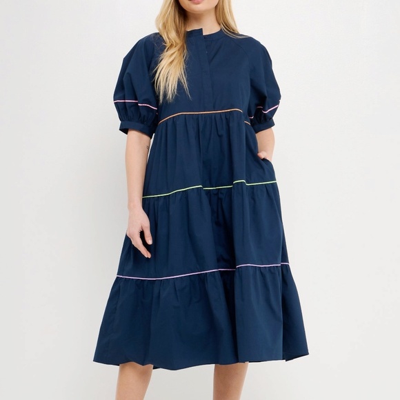 English Factory | Short Puff Sleeve Dress with Piping Detail - Picture 1 of 14